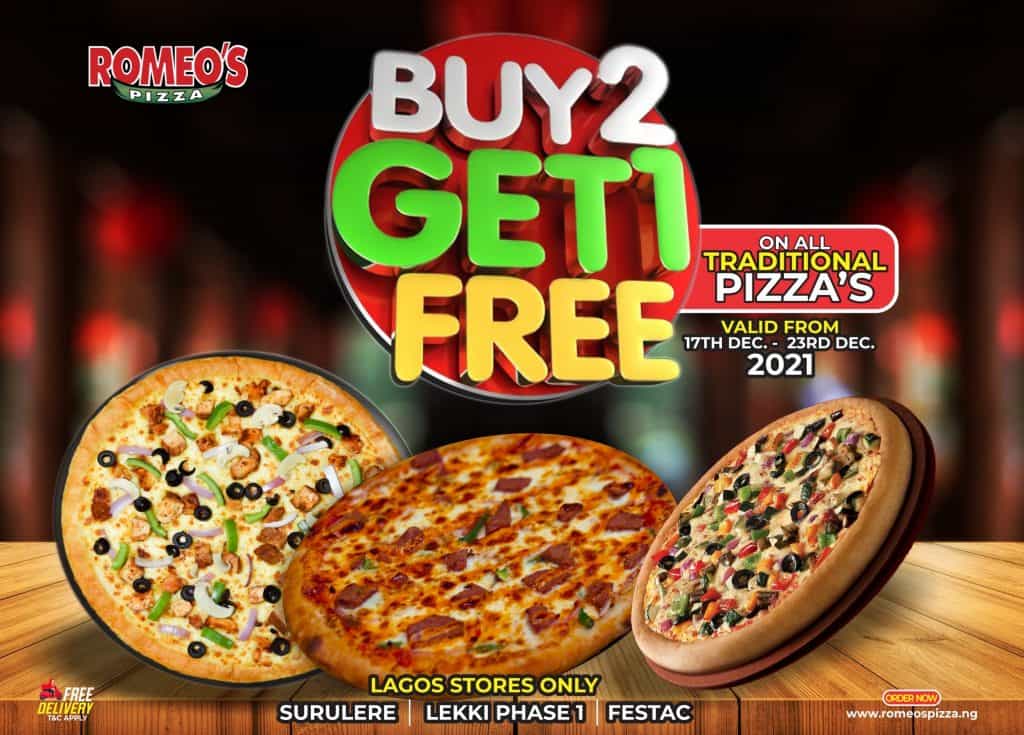 Buy 2 get 1 free on all traditional pizza size Romeos Pizza NG