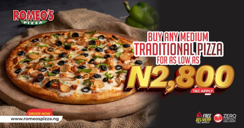 Buy any medium traditional pizza for as low as 2800 - free pizza on Romeospizza NG