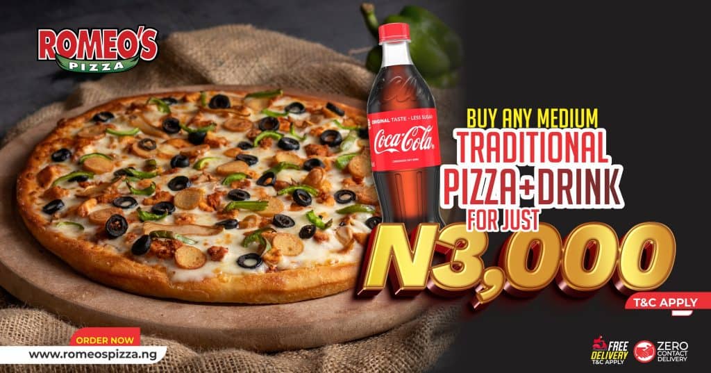 Buy any medium traditional pizza and drink for just 3,000 Naira only - Lagos, Abuja, Nigeria.
