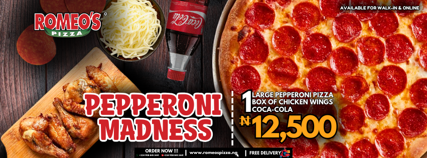 A large pepperoni pizza with crispy chicken wings and a refreshing Coca-Cola bottle, part of Romeo's Pepperoni Madness Combo Deal for ₦12,500.