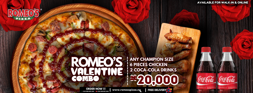 A delicious Romeo’s Valentine Combo featuring a champion-size pizza, six crispy chicken pieces, and two refreshing Coca-Cola drinks for ₦20,000.