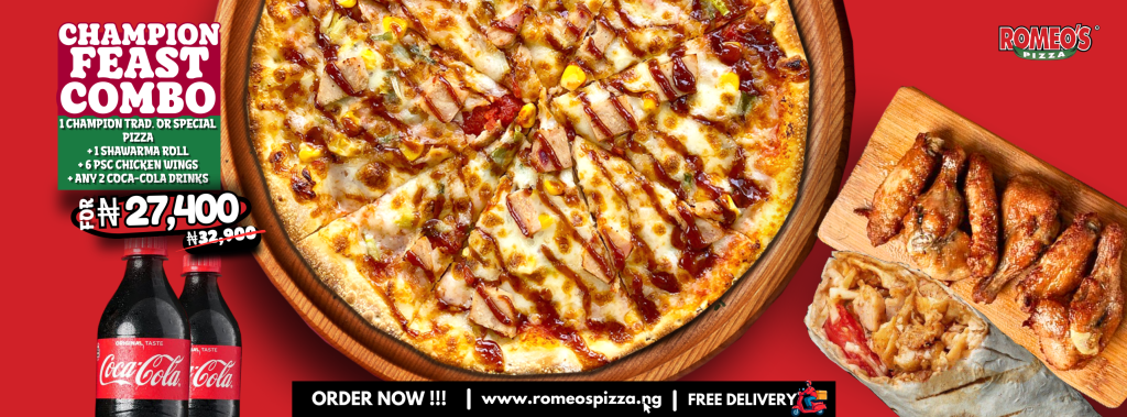 A champion feast combo from Romeo's Pizza featuring a large meat lover's pizza, a pack of chicken wings, a side of breadsticks, and 2 bottle of soda.