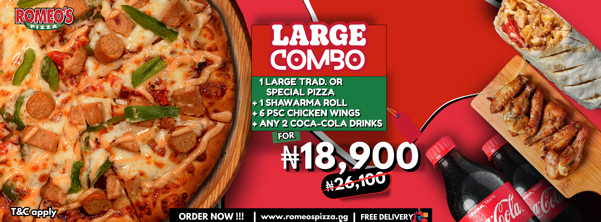 Romeo's Pizza Large Combo deal.A large pizza combo deal from Romeo's Pizza with a pepperoni pizza, two bottles of soda, and two side dishes.