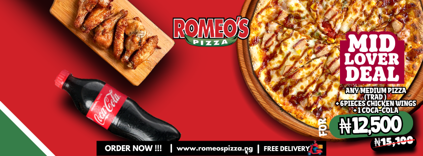 Small gathering, big Christmas spirit. Mid Lover Deal hits just right. 🎄 Get any medium pizza (Trad.) + 6psc wings + 1 Coca-Cola for just ₦12,500 Order now 👉 www.romeospizza.ng 🚚 Free delivery ⏰ Fast. Fresh. Reliable. T&C apply