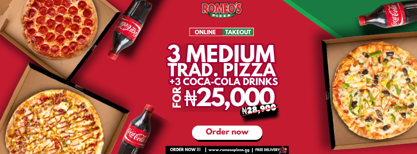 Romeo's Pizza 3PLE Treat Combo May promo - 3 medium traditional pizzas plus 3 Coca-Cola drinks for ₦25,000 instead of ₦28,900. Free delivery in Lagos and Abuja.