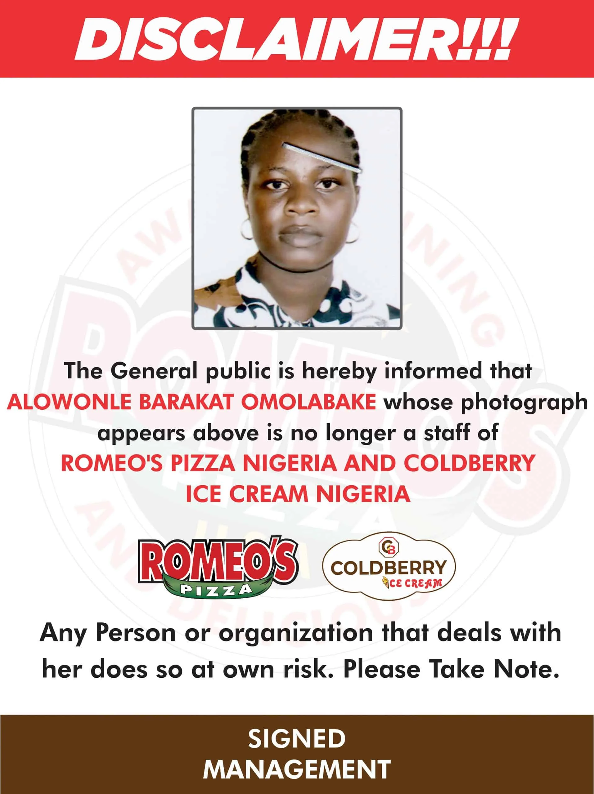 Coldberry Ice Cream NG Staff Disclaimer - Alowonle Bakare