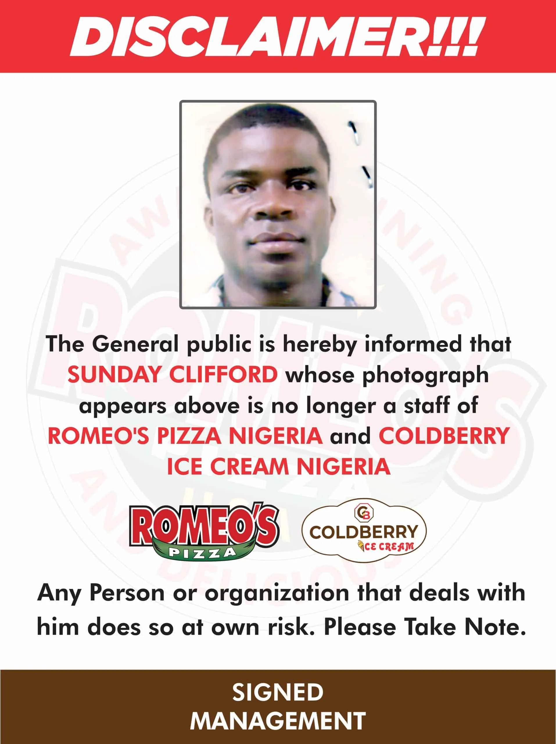 Staff Disclaimer For Sunday Clifford clifford.