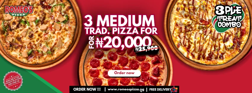 Romeo's Pizza 3PLE Treat Combo - Pizza, sides, and drinks combo deal in Lagos and Abuja