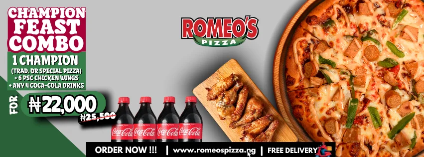 No small chops this Christmas. We’re eating like champions. Get 1 Champion Pizza + 6psc Wings + 4 Coca-Cola drinks for just ₦22,000 Order now 👉 www.romeospizza.ng 🚚 Free delivery ⏰ Fast. Fresh. Reliable. T&C apply