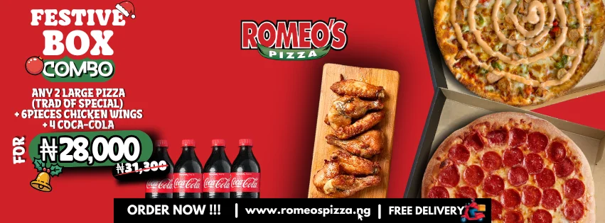 Visitors are coming? Just bring out the Festive Box. Problem solved. Get any 2 Large Pizza (Trad or Special) + 6 Pcs Wings + 4 Coca Cola drinks for just ₦28,000 Order now 👉 www.romeospizza.ng 🚚 Free delivery ⏰ Fast. Fresh. Reliable. T&C apply